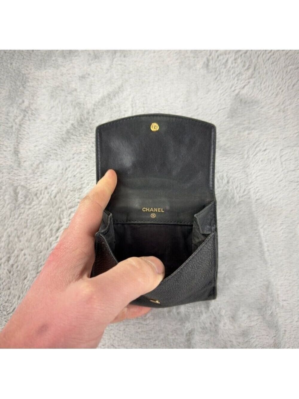 Chanel CC Logo Grained Calfskin Leather Bifold Black Wallet Embroidered - Picture 7 of 14
